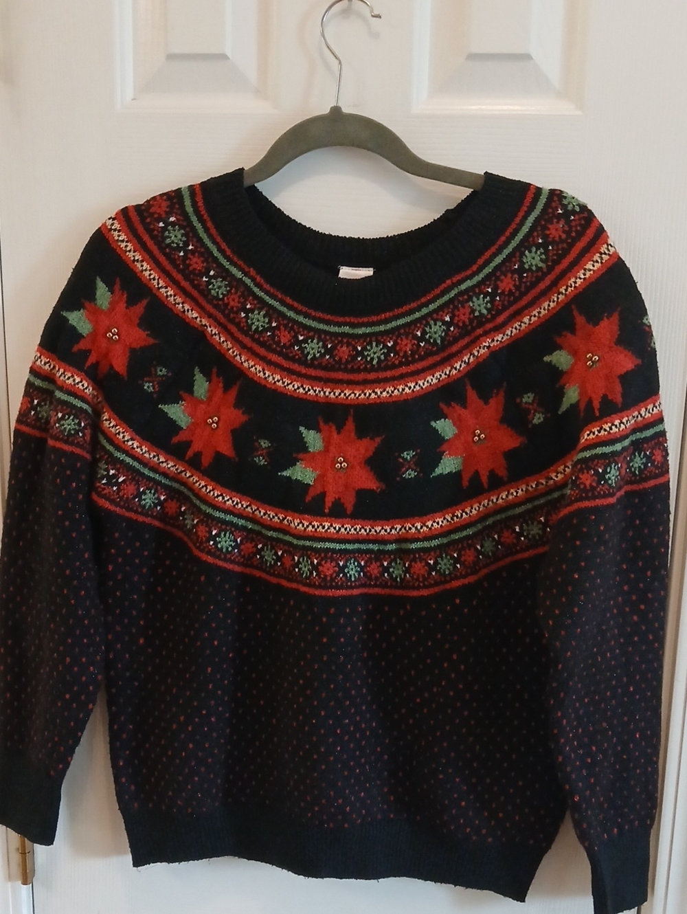 Holiday Time Unisex  Poinsettia Fair Isle Crewneck Sweater - Red, Green